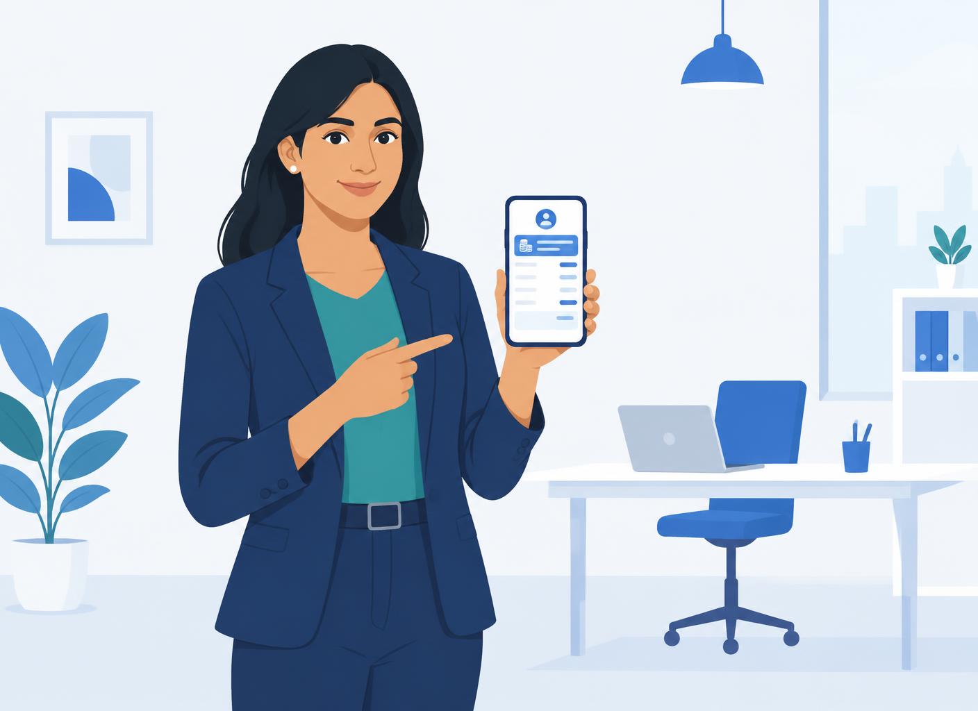 Illustration of an employee showing a payslip app on her phone